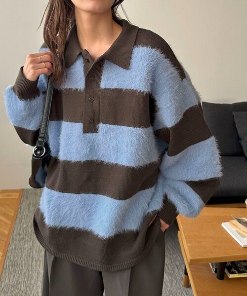 ユニセックス】シャギーワイドボーダーニットポロ（ニット/セーター