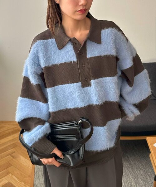 (古着)90s 短丈 総柄ニットポロ チェック セーター cityboy ユニセックス】シャギーワイドボーダーニットポロ（ニット/セーター