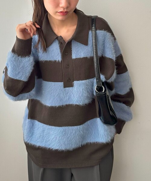 ユニセックス】シャギーワイドボーダーニットポロ（ニット/セーター