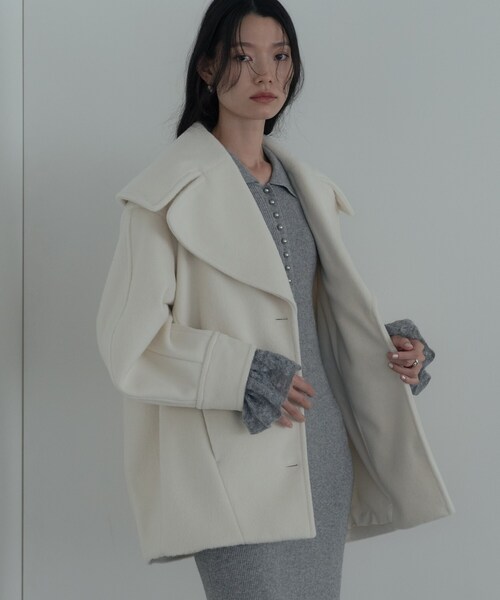 ♡JUSGLITTY ホワイト ダブルブレスト コート サイズ2♡ セール】ビッグカラーダブルフェイスコート（チェスターコート