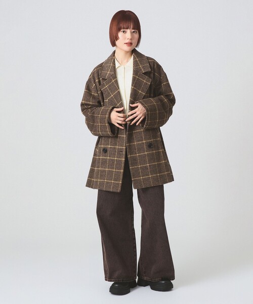 Ray BEAMS（レイビームス）の「チェック ビーバー ダブル ハーフコート（ステンカラーコート・レディース・グレー/ダークブラウン・0/1）」の14枚目の写真