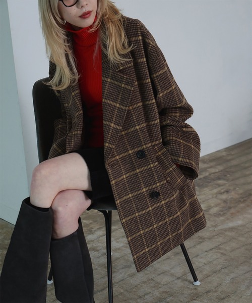 セール】チェック ビーバー ダブル ハーフコート（その他アウター