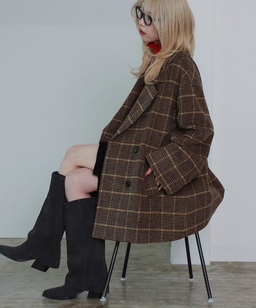 セール】チェック ビーバー ダブル ハーフコート（ステンカラーコート