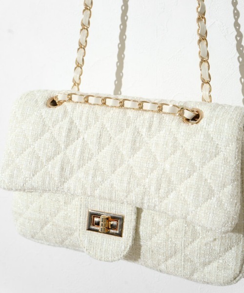 flower(フラワー)の「ツイードチェーンバッグ(ショルダーバッグ・レディース・ブラック/アイボリー・FREE)」の11枚目の写真