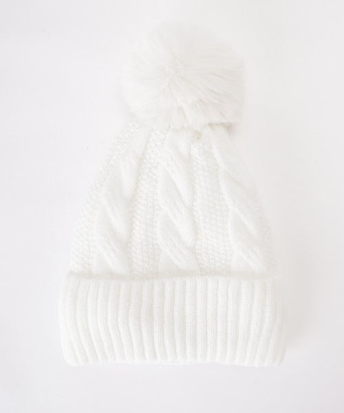 セール】ソリッドカラー ケーブル柄 ポンポン リブ ニット帽（ニット