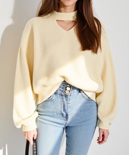 cammie(キャミー)の「胸あきパールポイントニットトップス(ニット/セーター・レディース・ブラック/アイボリー/ピンク/レッド・F)」の7枚目の写真
