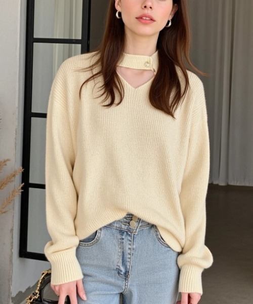 cammie(キャミー)の「胸あきパールポイントニットトップス(ニット/セーター・レディース・ブラック/アイボリー/ピンク/レッド・F)」の9枚目の写真