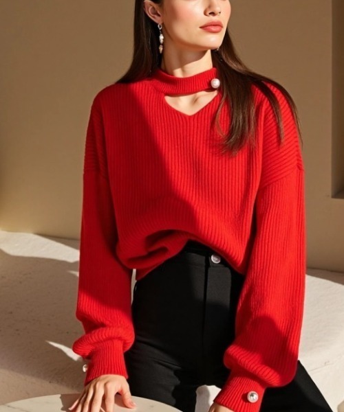 cammie(キャミー)の「胸あきパールポイントニットトップス(ニット/セーター・レディース・ブラック/アイボリー/ピンク/レッド・F)」の21枚目の写真