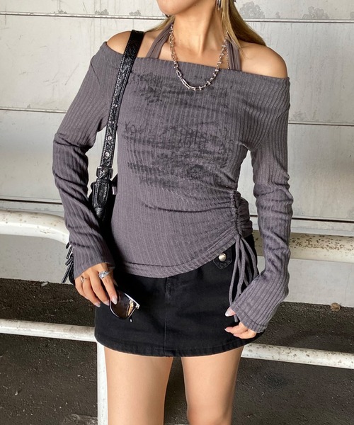 セール】アンサンブル風ロゴドレープオフショルダートップス（Tシャツ