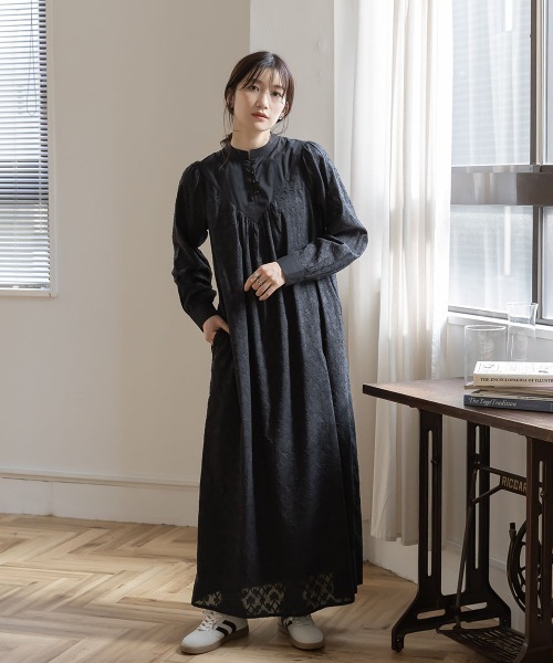 slattgir(スラットジール)の「高身長 綿100%ジャガード切替スタンドカラーマキシ丈ワンピース(トールサイズ)Essenave(ワンピース・レディース・ブラック/カーキ・T5L/T4L/T3L/TLL/TL/TM)」の12枚目の写真