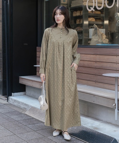 slattgir(スラットジール)の「高身長 綿100%ジャガード切替スタンドカラーマキシ丈ワンピース(トールサイズ)Essenave(ワンピース・レディース・ブラック/カーキ・T5L/T4L/T3L/TLL/TL/TM)」の9枚目の写真