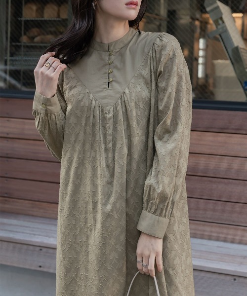 slattgir(スラットジール)の「高身長 綿100%ジャガード切替スタンドカラーマキシ丈ワンピース(トールサイズ)Essenave(ワンピース・レディース・ブラック/カーキ・T5L/T4L/T3L/TLL/TL/TM)」の6枚目の写真