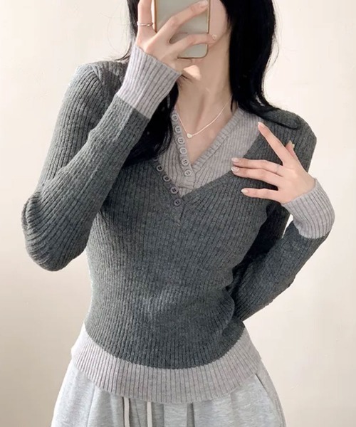VIVID LADY（ビビッドレディー）の「レイヤード風 配色リブニットトップス（ニット/セーター・レディース・ブラック/グレー・FREE）」の7枚目の写真