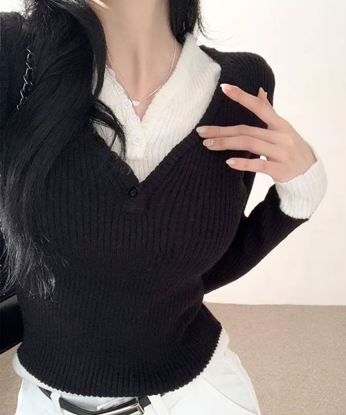 VIVID LADY（ビビッドレディー）の「レイヤード風 配色リブニットトップス（ニット/セーター・レディース・ブラック/グレー・FREE）」の4枚目の写真