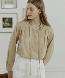 Bow Tie Pintuck Blouse - Beige