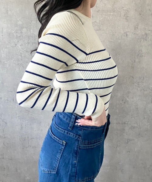 Mejoul(メジュール)の「【2026春夏新作】肩リボンデザイン オフショルボーダーリブニットトップス(ニット/セーター・レディース・ホワイト/サックスブルー/ネイビー・F)」の22枚目の写真
