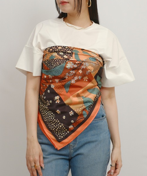 palm RICHE(ポームリシュ)の「スカーフ付リラックスT(Tシャツ/カットソー・レディース・ブラック/オレンジ/グレー・M)」の3枚目の写真