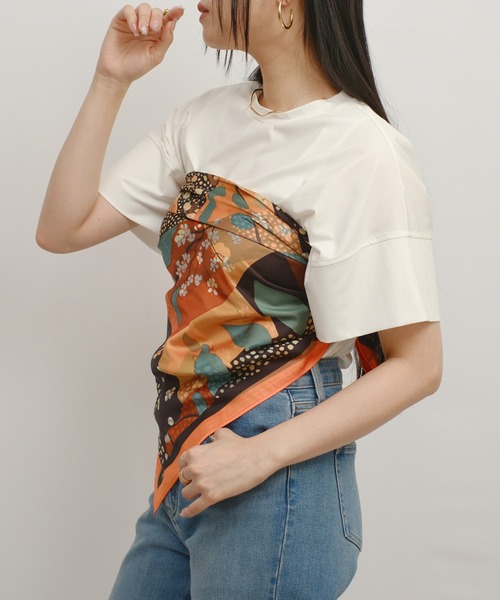 palm RICHE(ポームリシュ)の「スカーフ付リラックスT(Tシャツ/カットソー・レディース・ブラック/オレンジ/グレー・M)」の4枚目の写真