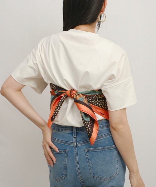 palm RICHE(ポームリシュ)の「スカーフ付リラックスT(Tシャツ/カットソー・レディース・ブラック/オレンジ/グレー・M)」の5枚目の写真