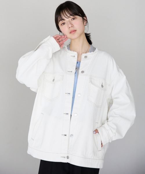 pocket(ポケット)の「ノーカラーデニムツイルジャケット(デニムジャケット・レディース・オフホワイト/ブルー/ブラック・FREE)」の1枚目の写真