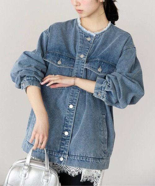 pocket(ポケット)の「ノーカラーデニムツイルジャケット(デニムジャケット・レディース・オフホワイト/ブルー/ブラック・FREE)」の3枚目の写真