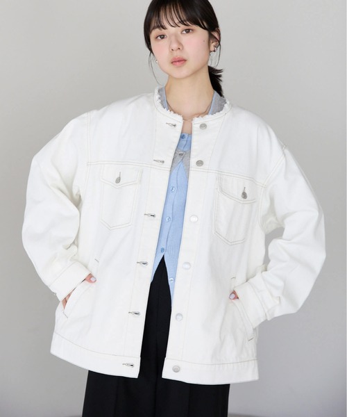 pocket(ポケット)の「ノーカラーデニムツイルジャケット(デニムジャケット・レディース・オフホワイト/ブルー/ブラック・FREE)」の20枚目の写真