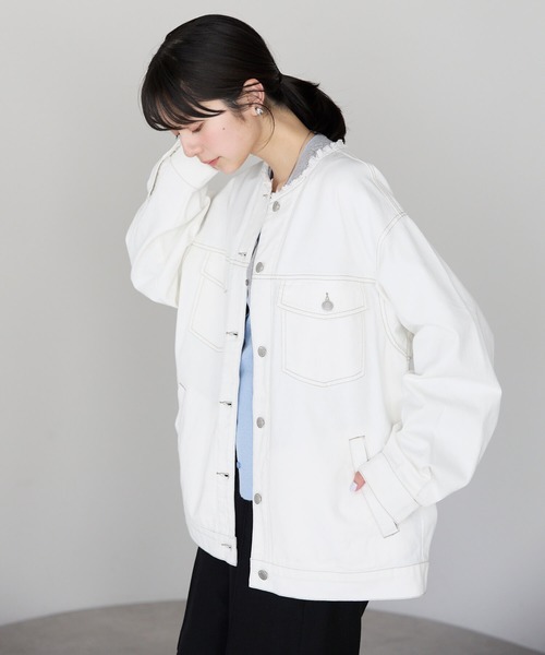 pocket(ポケット)の「ノーカラーデニムツイルジャケット(デニムジャケット・レディース・オフホワイト/ブルー/ブラック・FREE)」の21枚目の写真