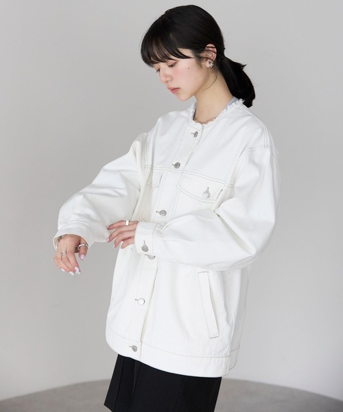 セール】ノーカラーデニムツイルジャケット（デニムジャケット