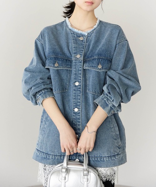 pocket(ポケット)の「ノーカラーデニムツイルジャケット(デニムジャケット・レディース・オフホワイト/ブルー/ブラック・FREE)」の4枚目の写真