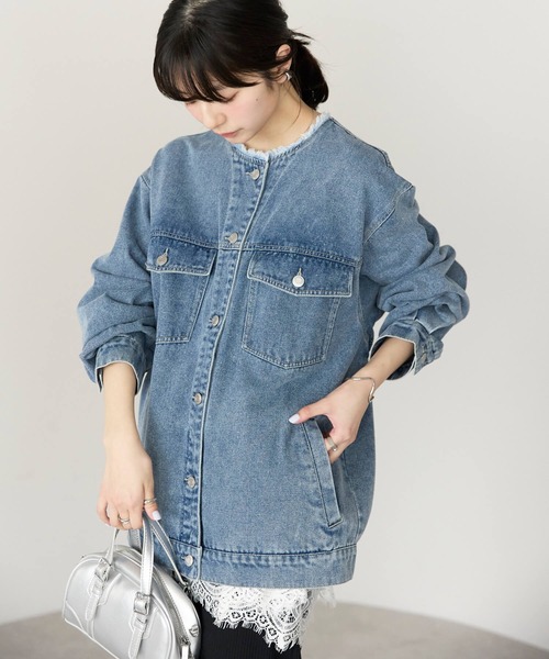 pocket(ポケット)の「ノーカラーデニムツイルジャケット(デニムジャケット・レディース・オフホワイト/ブルー/ブラック・FREE)」の5枚目の写真