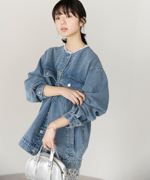 pocket(ポケット)の「ノーカラーデニムツイルジャケット(デニムジャケット・レディース・オフホワイト/ブルー/ブラック・FREE)」の6枚目の写真