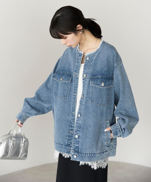 pocket(ポケット)の「ノーカラーデニムツイルジャケット(デニムジャケット・レディース・オフホワイト/ブルー/ブラック・FREE)」の8枚目の写真