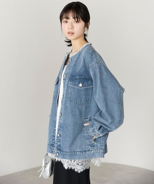 pocket(ポケット)の「ノーカラーデニムツイルジャケット(デニムジャケット・レディース・オフホワイト/ブルー/ブラック・FREE)」の9枚目の写真