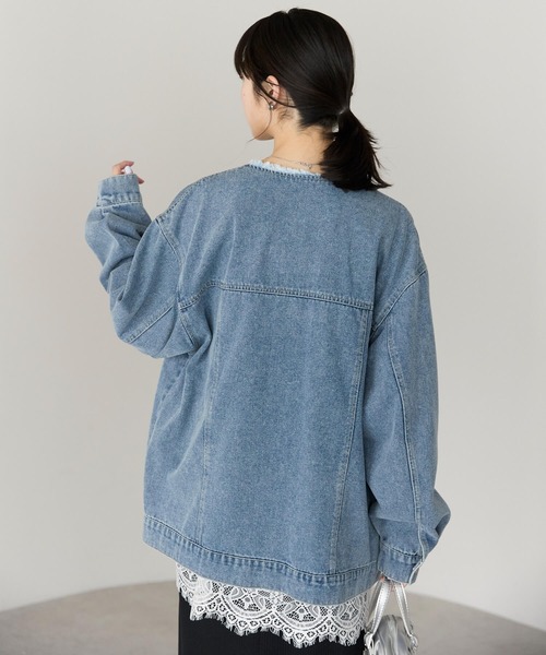 pocket(ポケット)の「ノーカラーデニムツイルジャケット(デニムジャケット・レディース・オフホワイト/ブルー/ブラック・FREE)」の10枚目の写真