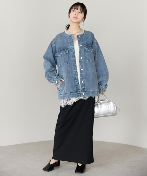 pocket(ポケット)の「ノーカラーデニムツイルジャケット(デニムジャケット・レディース・オフホワイト/ブルー/ブラック・FREE)」の11枚目の写真