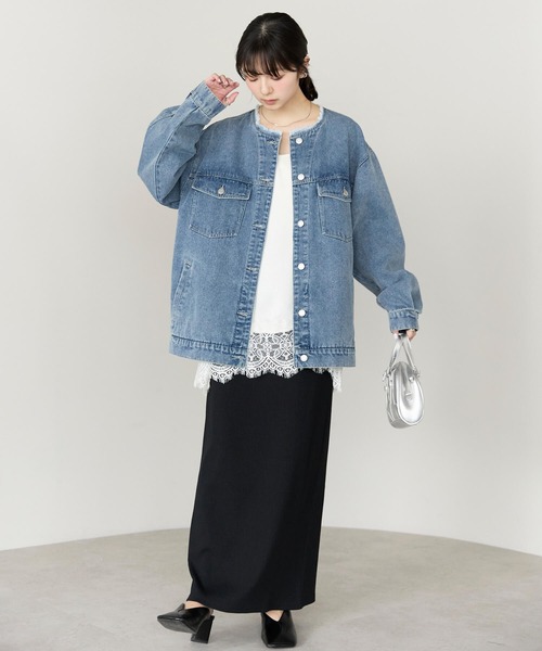 pocket(ポケット)の「ノーカラーデニムツイルジャケット(デニムジャケット・レディース・オフホワイト/ブルー/ブラック・FREE)」の12枚目の写真