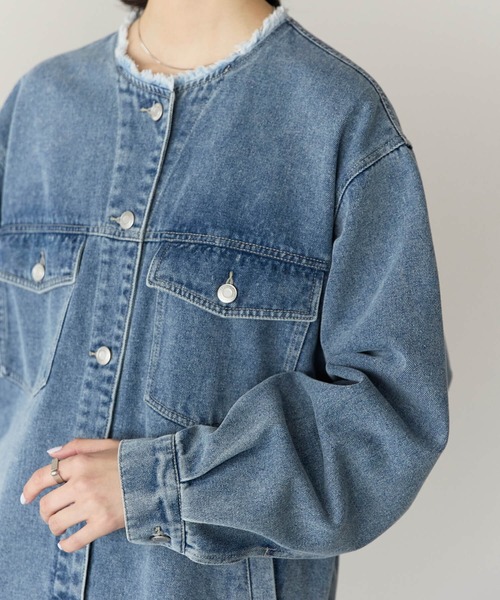 pocket(ポケット)の「ノーカラーデニムツイルジャケット(デニムジャケット・レディース・オフホワイト/ブルー/ブラック・FREE)」の17枚目の写真