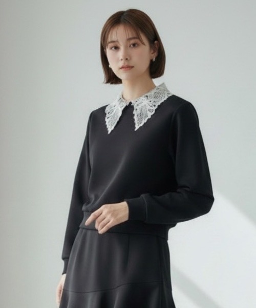 SWINGLE（スウィングル）の「【2/6(Fri)発売】レースカラースウェットトップス（Tシャツ/カットソー・レディース・ピンク/ネイビー/オフホワイト・FREE）」の3枚目の写真