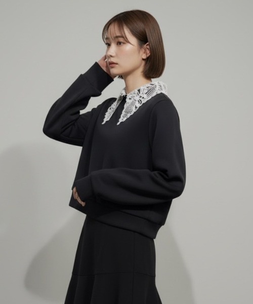 SWINGLE（スウィングル）の「【2/6(Fri)発売】レースカラースウェットトップス（Tシャツ/カットソー・レディース・ピンク/ネイビー/オフホワイト・FREE）」の6枚目の写真