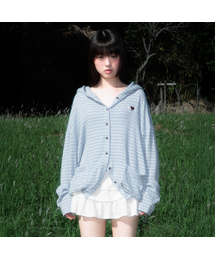 Stripe Heart Hood Cardigan [Sky Blue]