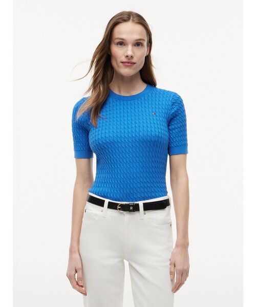 TOMMY HILFIGER（トミーヒルフィガー）の「コットンケーブルファインゲージクルーネックショートスリーブセーター（ニット/セーター・レディース・グレー/ブルー/ライトブルー/マルチ・X-SMALL/XX-SMALL/SMALL/MEDIUM）」の3枚目の写真