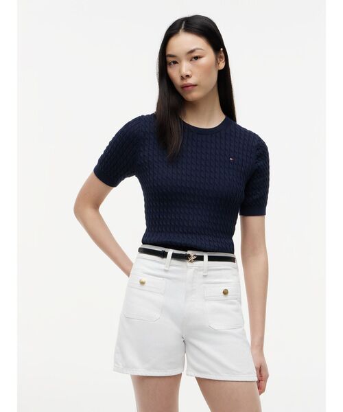 TOMMY HILFIGER（トミーヒルフィガー）の「コットンケーブルファインゲージクルーネックショートスリーブセーター（ニット/セーター・レディース・グレー/ブルー/ライトブルー/マルチ・X-SMALL/XX-SMALL/SMALL/MEDIUM）」の4枚目の写真