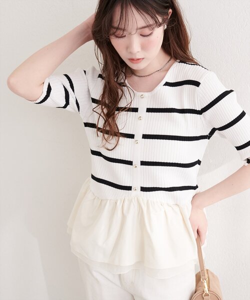 natural couture（ナチュラルクチュール）の「異素材ペプラム半袖ニット（ニット/セーター・レディース・ブラック/その他1/ネイビー/ピンク/オフホワイト/イエロー・FREE）」の6枚目の写真