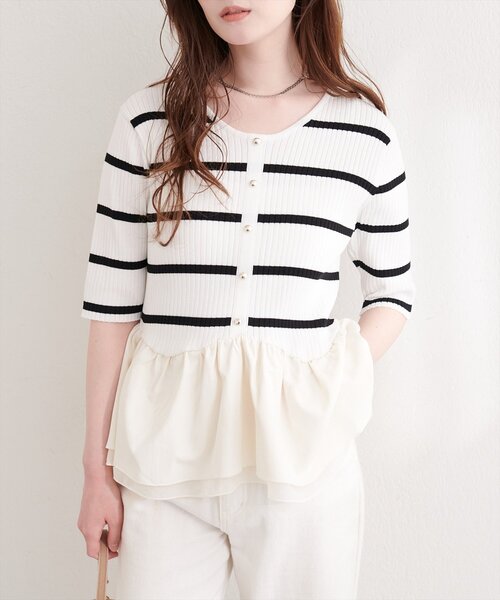 natural couture（ナチュラルクチュール）の「異素材ペプラム半袖ニット（ニット/セーター・レディース・ブラック/その他1/ネイビー/ピンク/オフホワイト/イエロー・FREE）」の7枚目の写真