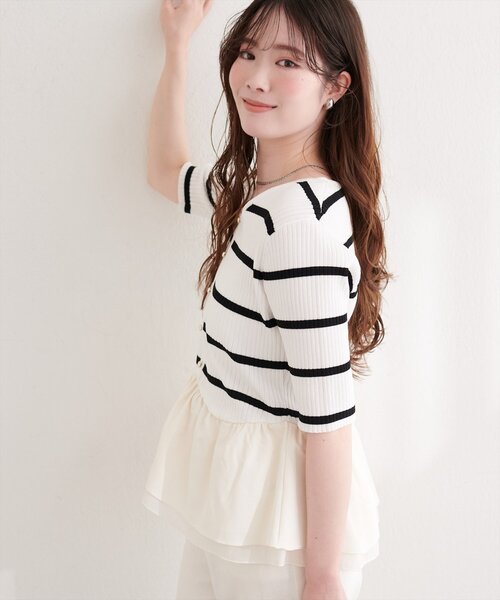 natural couture（ナチュラルクチュール）の「異素材ペプラム半袖ニット（ニット/セーター・レディース・ブラック/その他1/ネイビー/ピンク/オフホワイト/イエロー・FREE）」の8枚目の写真