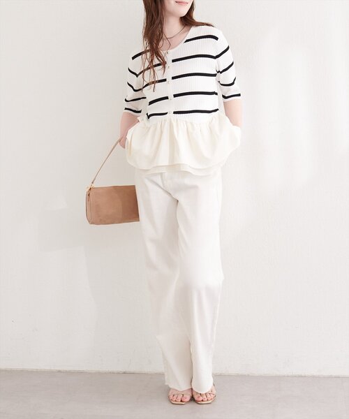 natural couture（ナチュラルクチュール）の「異素材ペプラム半袖ニット（ニット/セーター・レディース・ブラック/その他1/ネイビー/ピンク/オフホワイト/イエロー・FREE）」の9枚目の写真