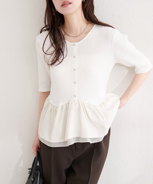 natural couture（ナチュラルクチュール）の「異素材ペプラム半袖ニット（ニット/セーター・レディース・ブラック/その他1/ネイビー/ピンク/オフホワイト/イエロー・FREE）」の11枚目の写真