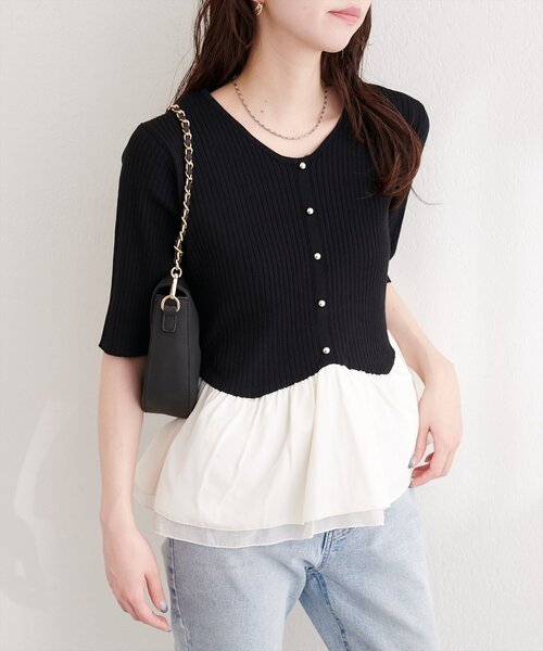 natural couture（ナチュラルクチュール）の「異素材ペプラム半袖ニット（ニット/セーター・レディース・ブラック/その他1/ネイビー/ピンク/オフホワイト/イエロー・FREE）」の17枚目の写真