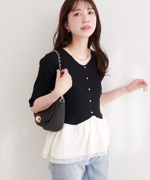 natural couture（ナチュラルクチュール）の「異素材ペプラム半袖ニット（ニット/セーター・レディース・ブラック/その他1/ネイビー/ピンク/オフホワイト/イエロー・FREE）」の18枚目の写真