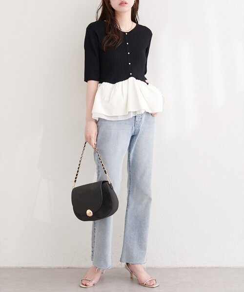 natural couture（ナチュラルクチュール）の「異素材ペプラム半袖ニット（ニット/セーター・レディース・ブラック/その他1/ネイビー/ピンク/オフホワイト/イエロー・FREE）」の19枚目の写真